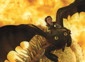 Gef&auml;hrlicher Feuerwall: Der Wikingerjunge Hicks versucht, sich und seinen Drachen Ohnezahn aus dem Flammenmeer der wilden Bestie zu retten. Bild: Sender