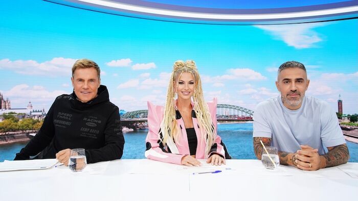 DSDS 2026: Die Jury mit Dieter Bohlen, Isi Gl&uuml;ck und Anis Ferchichi (Bushido). Bild: Sender / RTL / Stefan Gregorowius