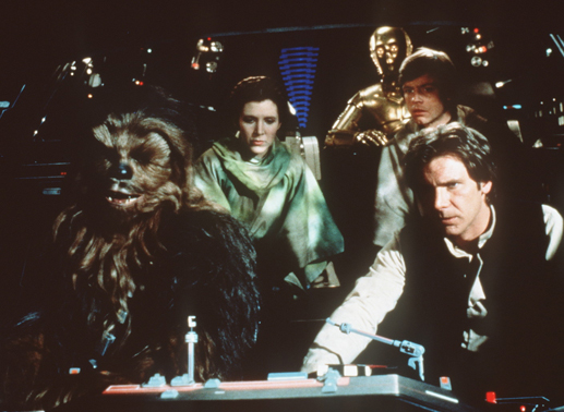 Um das Schutzschild des Todessterns zerst&ouml;ren zu k&ouml;nnen, erbeuten Chewbacca (Peter Mayhew, l.), Prinzessin Leia (Carrie Fisher, 2.v.l.), C-3PO (Anthony Daniels, hinten M.), Luke (Mark Hamill, 2.v.r.) und Han Solo (Harrison Ford, r.) ein imperiales Shuttle ... Bild: Sender