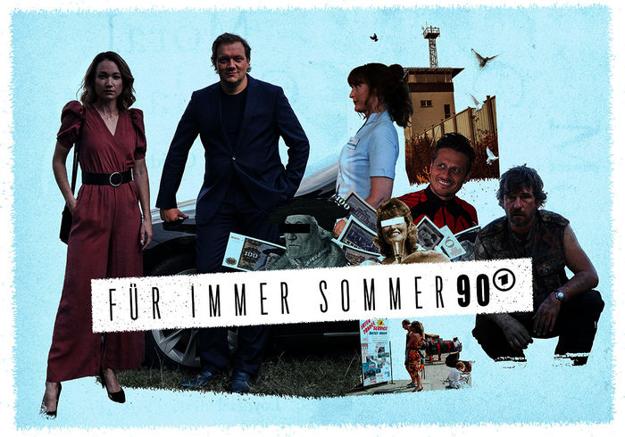 Bea (Lisa Maria Potthoff), Katrin (Deborah Kaufmann), Sven (Roman Knizka) und Ronny (Peter Schneider). Bild: Sender / ARD Degeto / Manju Sawhney / Montage Felix Schlüter, Typeholics 