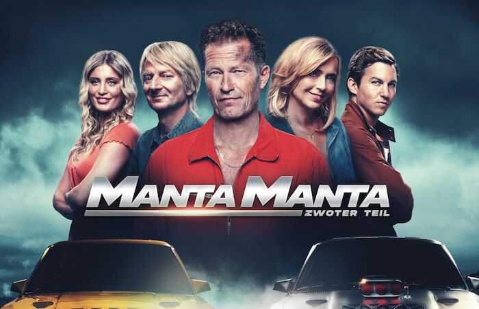 Manta Manta - Zwoter Teil: M&uuml;cke (Luna Schweiger), Klausi (Michael Kessler), Bertie (Til Schweiger), Uschi (Tina Ruland), Daniel (Tim Oliver Schultz). Bild: Sender / 2023 Constantin Film Verleih.