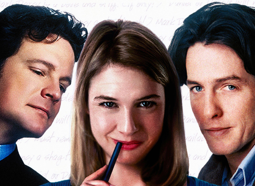 Mark Darcy (Colin Firth), Bridget Jones (Ren&eacute;e Zellweger), Daniel Cleaver (Hugh Grant). Bild: VOX/JM
