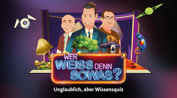 Wer wei&szlig; denn sowas?  Mit Moderator Kai Pflaume und den beiden Teamkapit&auml;nen Bernhard Ho&euml;cker und Elton. Bild: Sender / ARD / Serviceplan / Giraffentoas