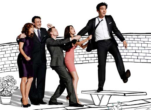 in Blick zur&uuml;ck in die wilden Jahre von Ted (Josh Radnor, M.), Marshall (Jason Segel, 2.v.r.), Barney (Neil Patrick Harris, l.), Lily (Alyson Hannigan, r.) und Robin (Cobie Smulders, 2.v.l.) ... Bild: Sender