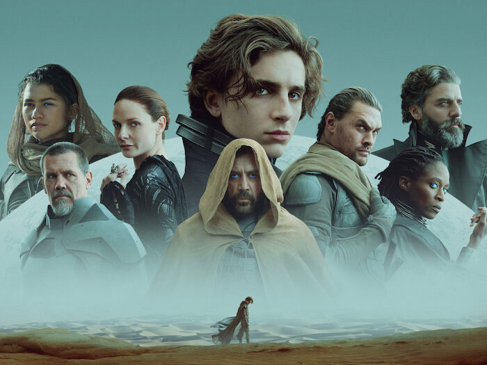 Dune: Zendaya (Chani), Josh Brolin (Gurney Halleck), Rebecca Fergusson (Lady Jessica), Timoth&eacute;e Chalamet (Paul Atreides), Javier Bardem (Stilgar), Jason Momoa (Duncan Idaho), Sharon Duncan-Brewster (Dr. Liet Kynes), Oscar Isaac (Herzog Leto Atreides). Bild: Sender / ORF / PRO7 / Warner