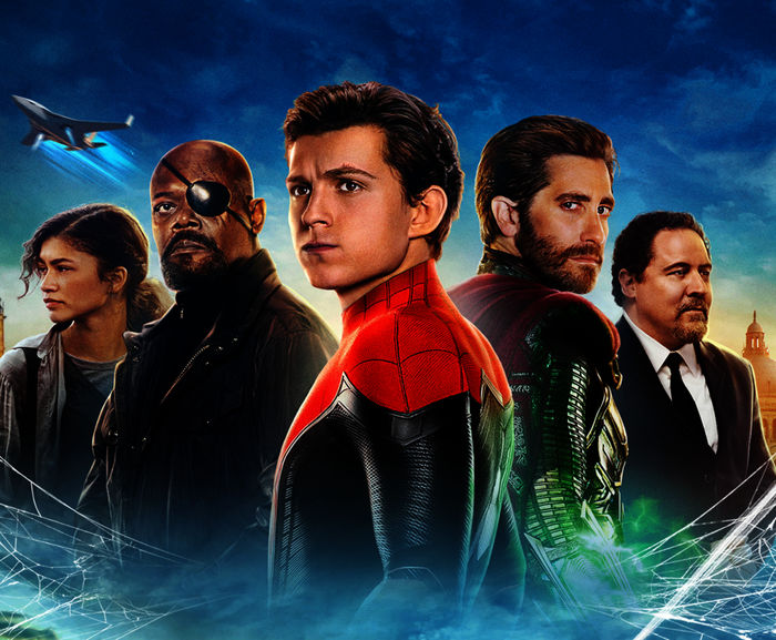 Spider-Man: Far from Home: Zendaya (Michelle 'MJ' Jones), Samuel L. Jackson (Nick Fury), Tom Holland (Peter Parker / Spider-Man), Jake Gyllenhaal (Quentin Beck / Mysterio), Jon Favreau (Happy Hogan). Bild: Sender / Sony Pictures