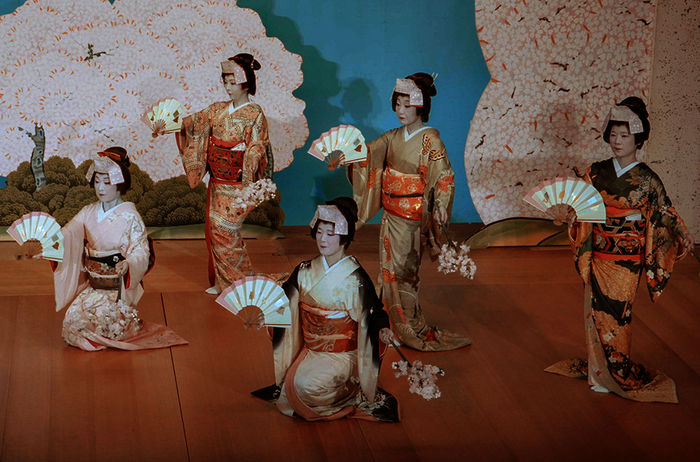Mit Charlotte Roche in Japan. Geishas, japanische Unterhaltungskünstlerinnen, beim Tanzen. Bild: Sender / ZDF / Florianfilm