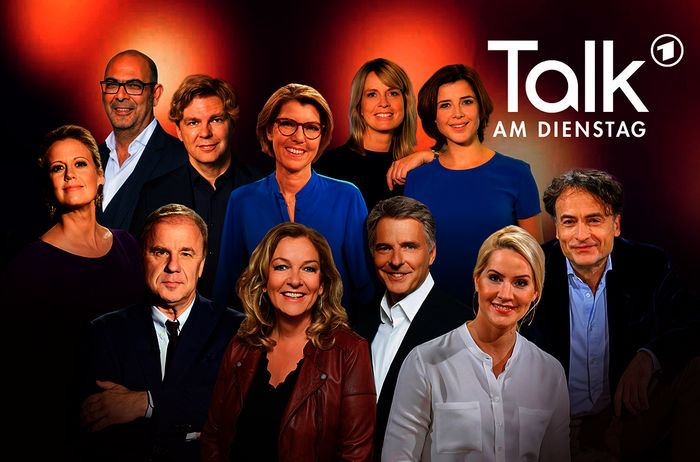 Unter dem gemeinsamen Label TALK AM DIENSTAG begrüßen die Moderatorinnen und Moderatoren das Publikum im Ersten: Barbara Schöneberger und Hubertus Meyer-Burckhardt (NDR Talk Show), Bettina Tietjen und Jörg Pilawa (NDR Talk Show), Judith Rakers und Giovanni di Lorenzo (3nach9). Hannes Ringlstetter (Club 1), Michael Steinbrecher (Nachtcafé), Bettina Böttinger (Kölner Treff). Jessy Wellmer und Eva-Maria Lemke (Hier spricht Berlin). Bild: Sender / ARD